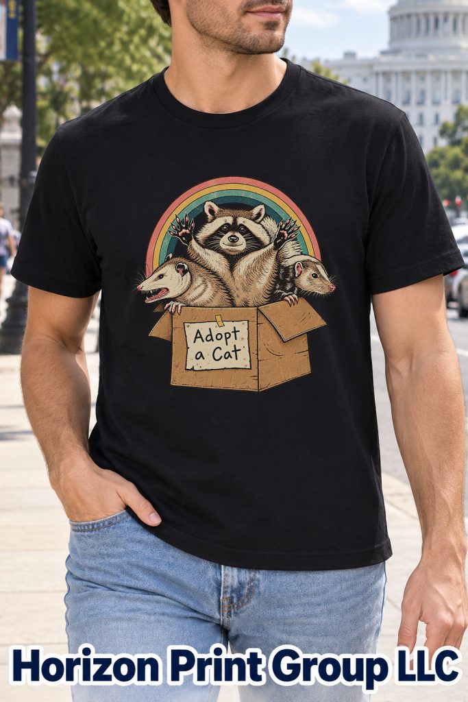 Adopt a Cat Shirt – Funny Raccoon & Opossum Retro Rainbow Unisex Tee