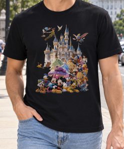 magical castle and fairytale character collage tee black t shirt