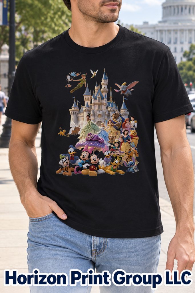 magical castle and fairytale character collage tee black t shirt
