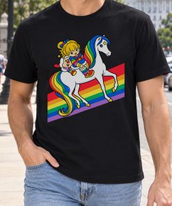 retro 80s rainbow girl riding white horse shirt v black t shirt