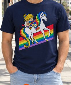 retro 80s rainbow girl riding white horse shirt v navy retro 80s rainbow girl riding white horse shirt v navy