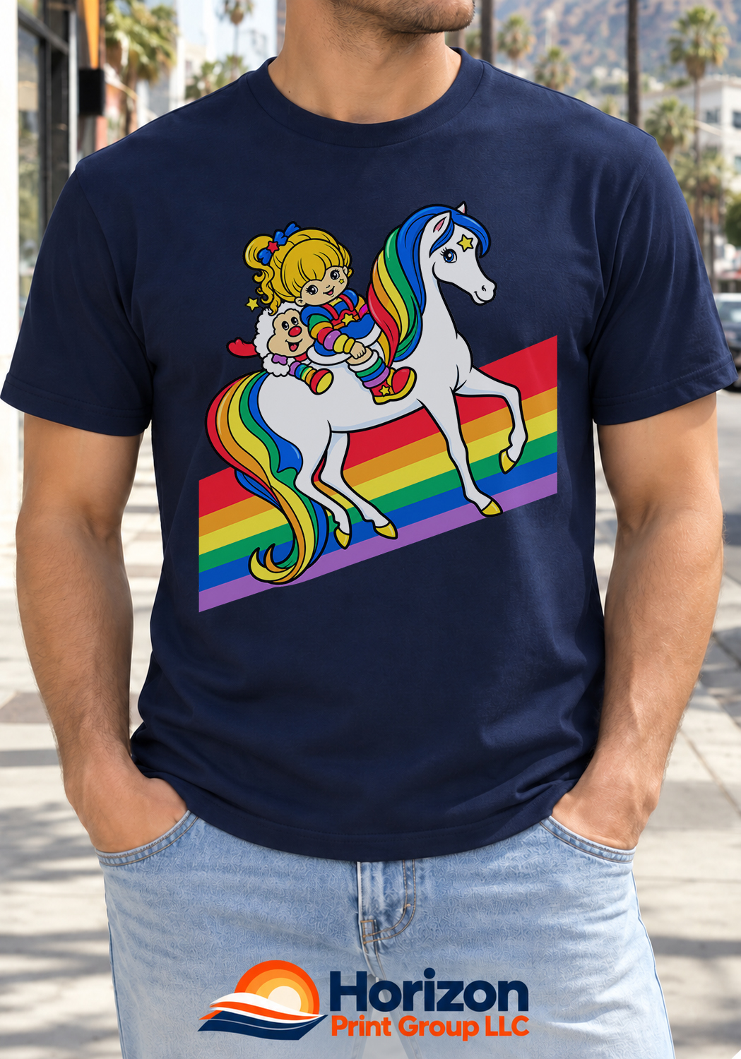 retro 80s rainbow girl riding white horse shirt v navy retro 80s rainbow girl riding white horse shirt v navy